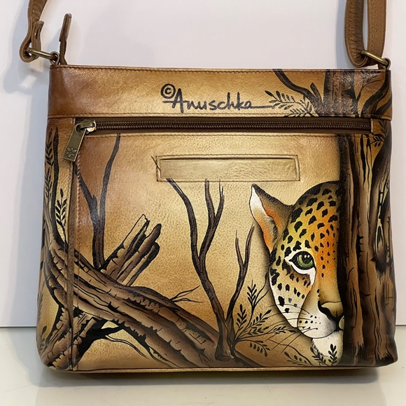 ANUSCHKA Leather Hand Painted Crossbody Bag Purse African Leopard Print - Picture 5 of 16